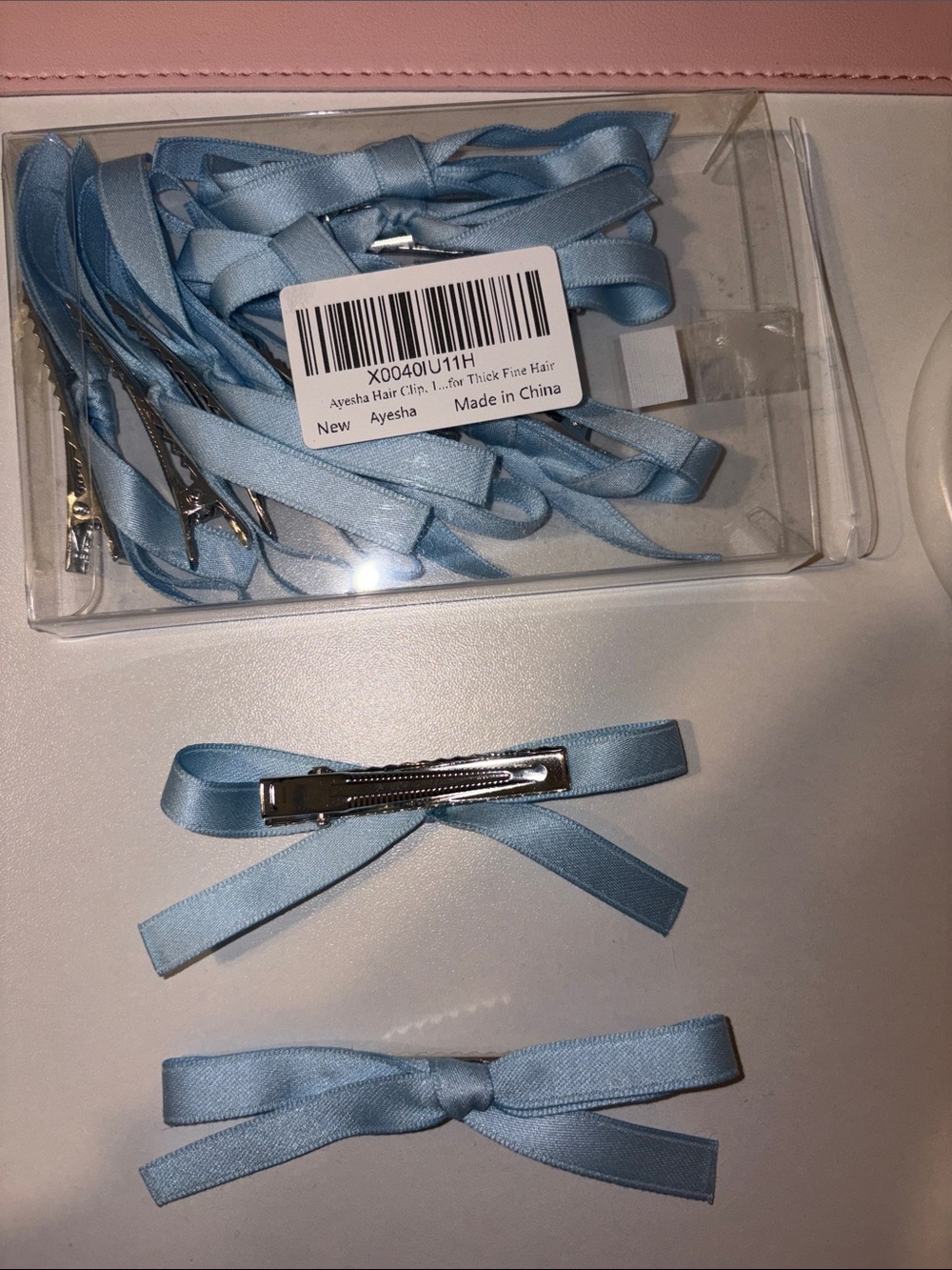 10 Light Blue Satin Bow Hair Clips for Kids